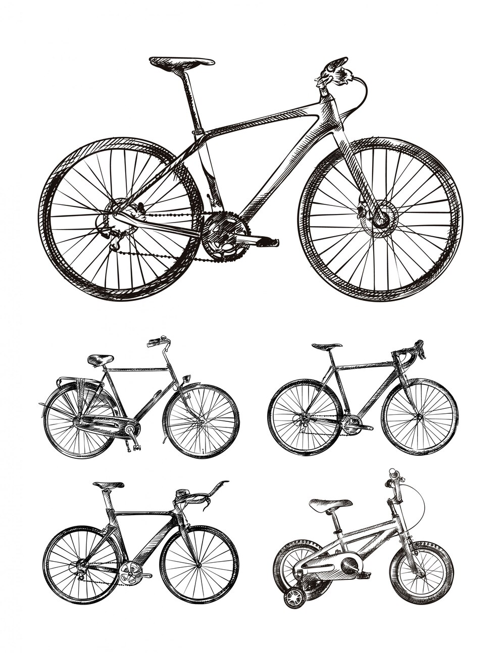 Premium Vector | Set of various bikes, bicycles hand drawn sketches