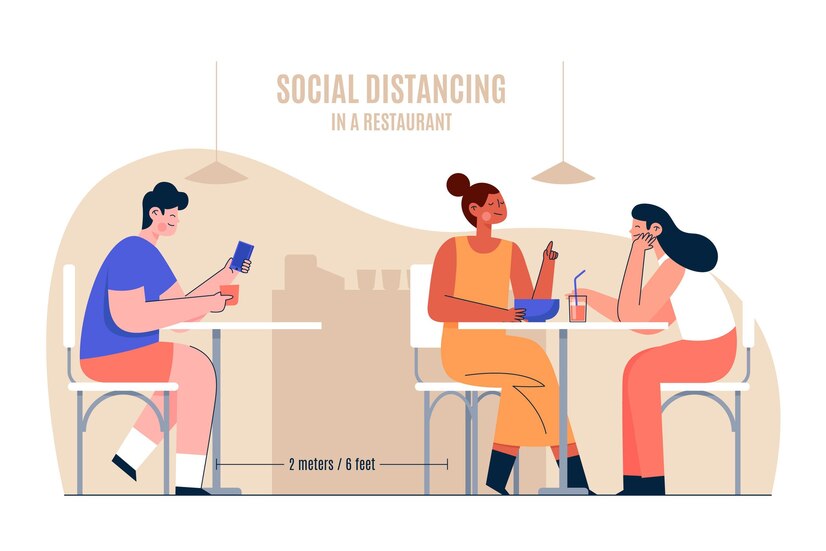 Premium Vector | Social distancing in a restaurant concept