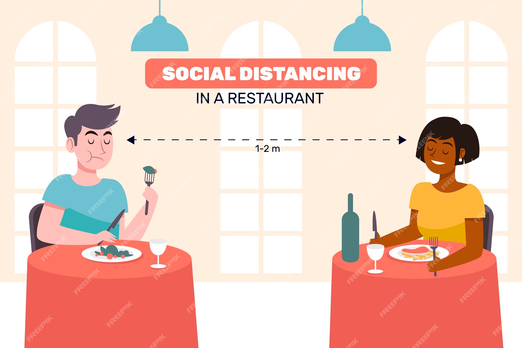 Premium Vector | Social distancing in a restaurant