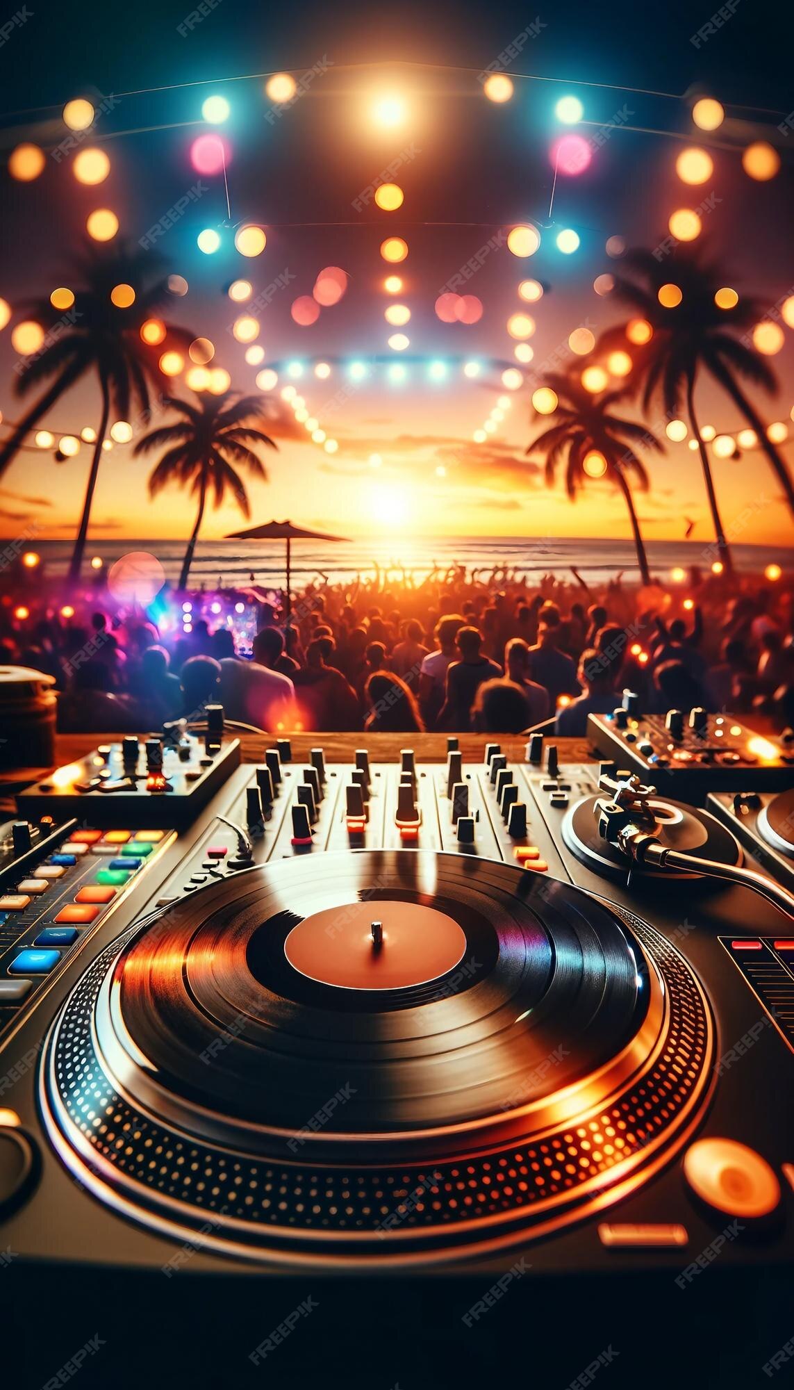 Premium Vector | Sunset beach party turntable dancing silhouettes