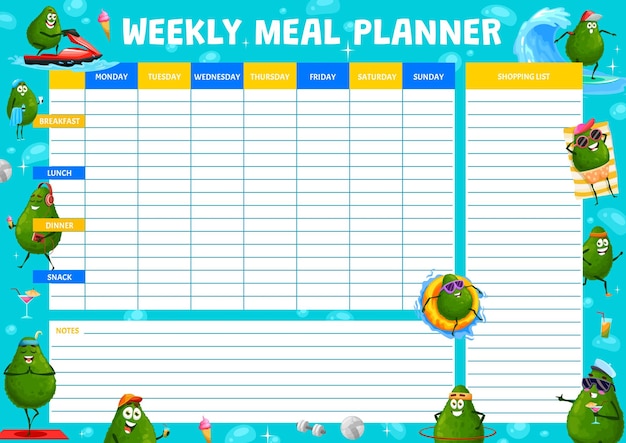 Premium Vector | Weekly meal planner with cartoon avocado character