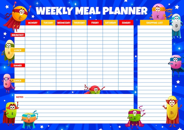 Premium Vector | Weekly meal planner with hero vitamin characters