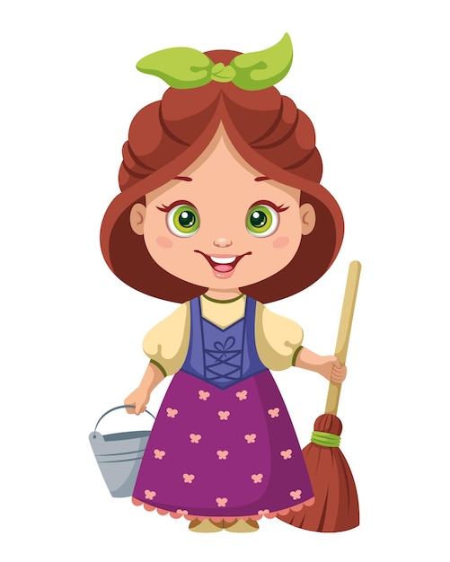 Chica campesina de dibujos animados con balde y fregona cenicienta como  sirvienta | Vector Premium