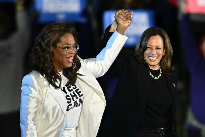 Oprah Winfrey (left) joins Vice President Kamala Harris at a presidential campaign rally on Nov. 4 in Philadelphia.