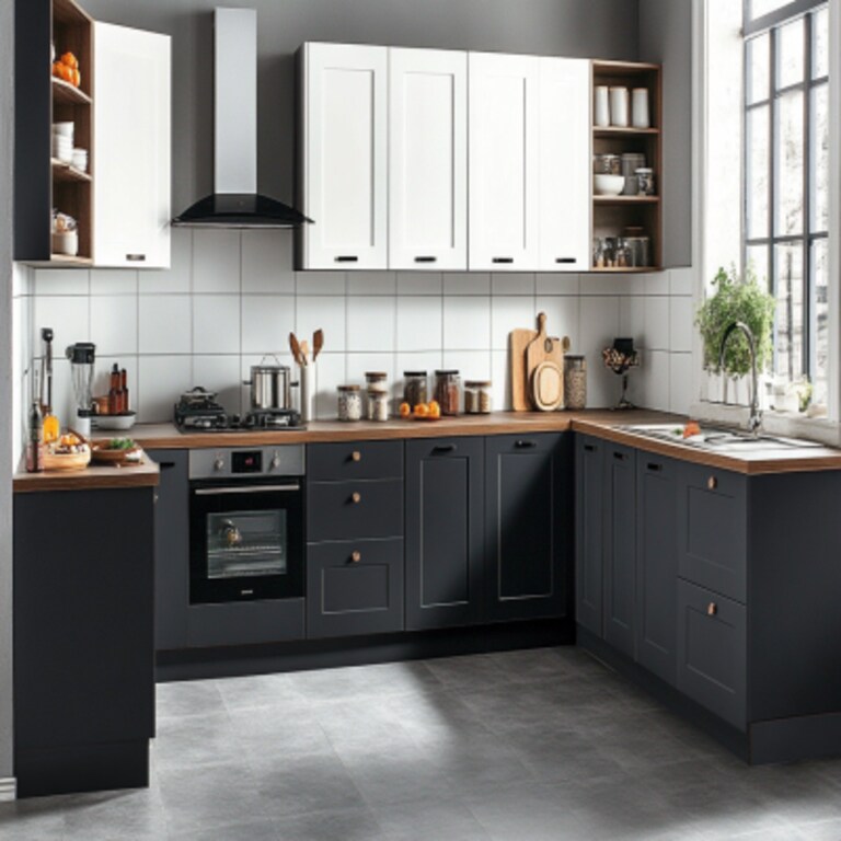 Modern L Shaped Modular Indian Kitchen Design With Slate Grey And White Cabinets