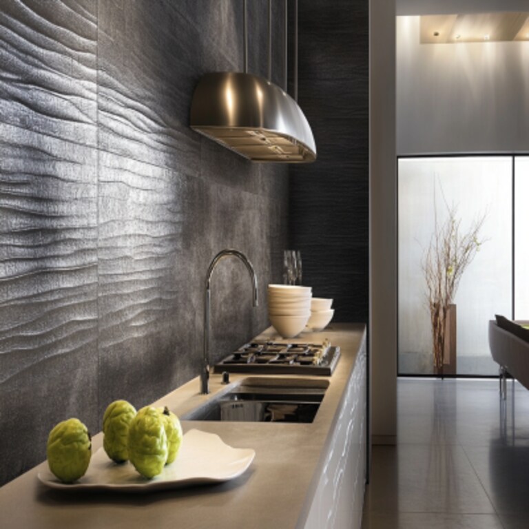 Modern Textured Grey Kitchen Tile Design With Matte Finish