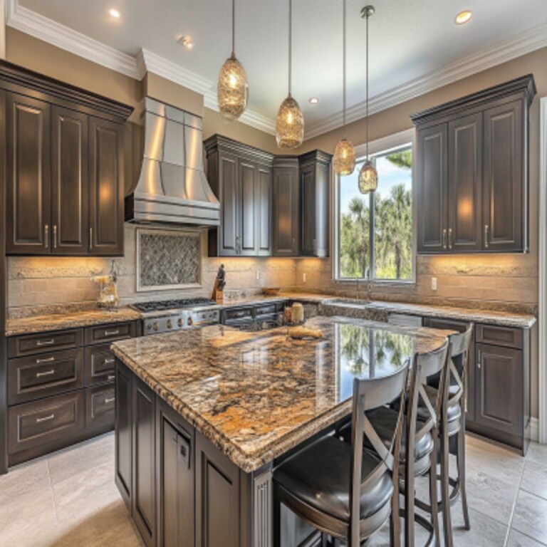 Modern L-Shaped Kitchen Design with Silver Units and Granite Countertop