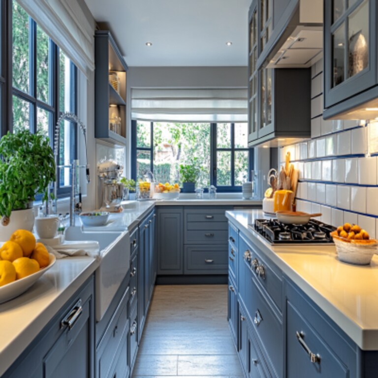 Modern Modular Grey And White Parallel Indian Kitchen Design With Blue-White Dado Tiles