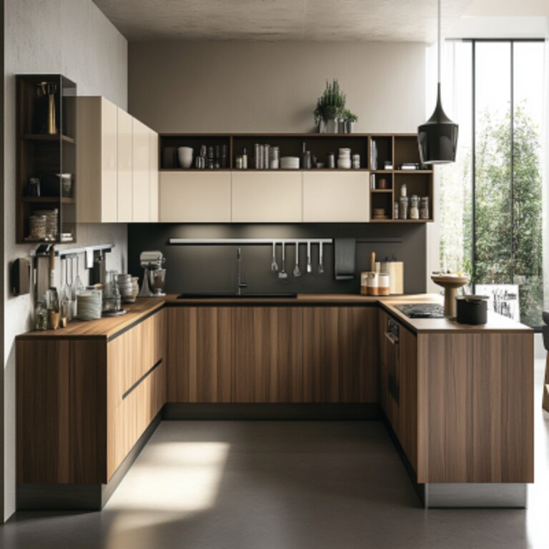 Modern Teak and Cream U-Shaped Kitchen Design With Storage Units