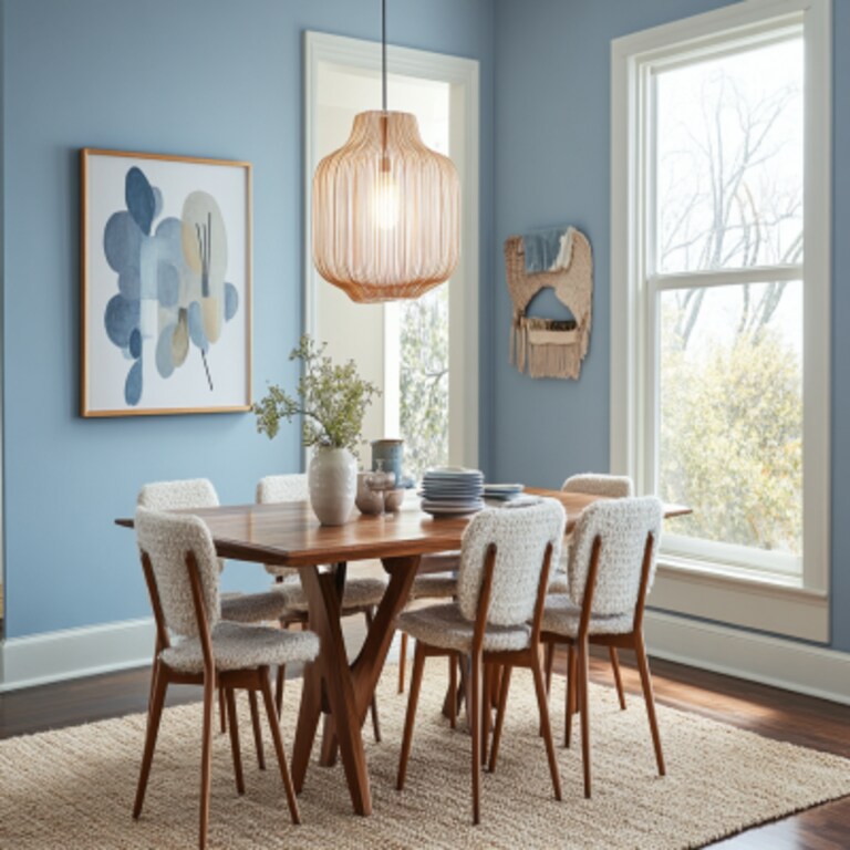 Mid-Century Modern Light Blue Wall Paint Design For Dining Rooms