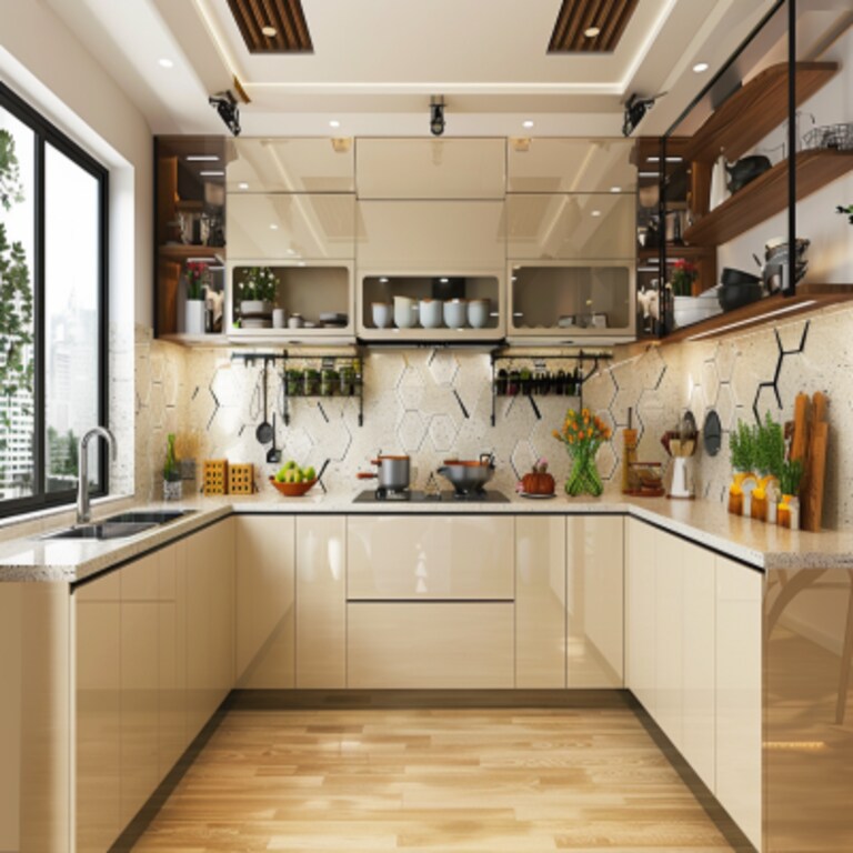 Modern Modular Open Kitchen Cabinet Design With Irish Cream Cabinets And Hexagonal Dado Tiles