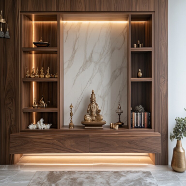 Modern Floor-Mounted Pooja Room With Open Storage