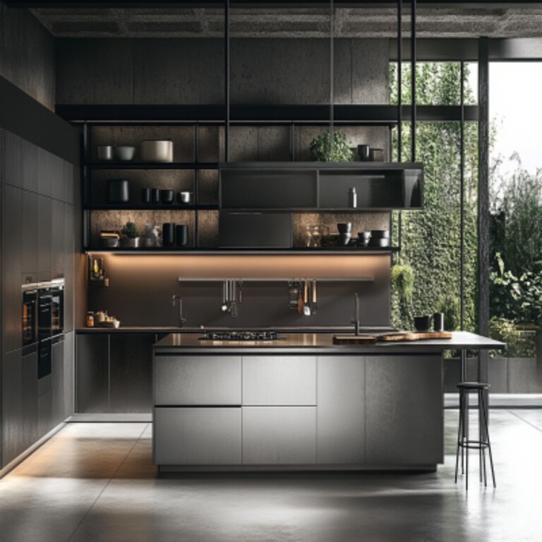 Contemporary Open Kitchen Design in Metallic Silver Colour