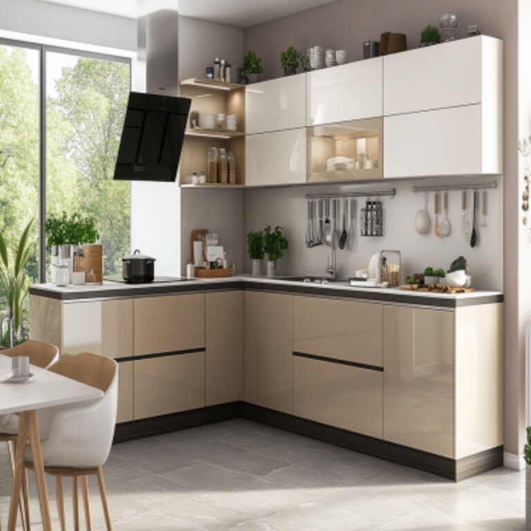 Contemporary Modular L Shaped Kitchen Design With Irish Cream And Frosty White Kitchen Cabinets