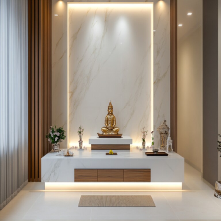 Modern Mandir Design With A White Marble Back Wall