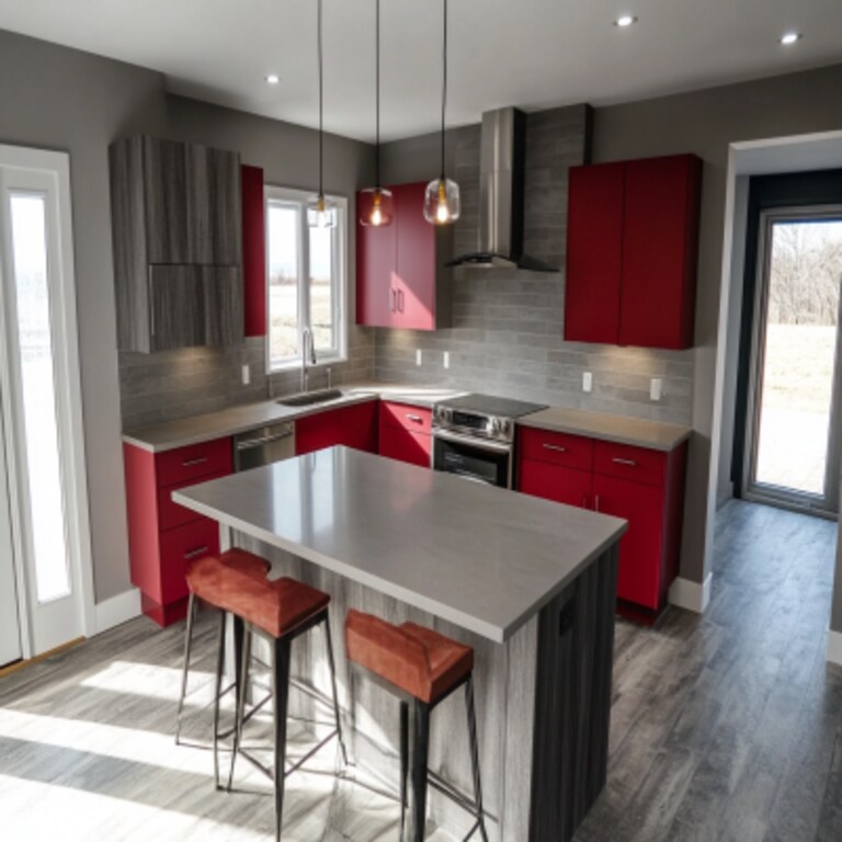 Red and Grey Modern L-Shaped Kitchen Design in Suede Finish