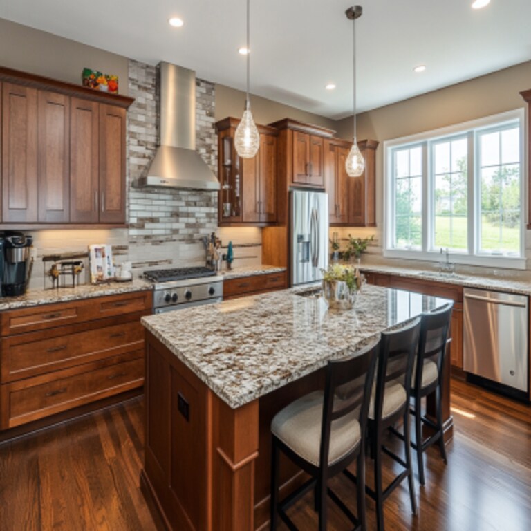 Spacious Contemporary Island Kitchen Design with Terrazzo Countertop