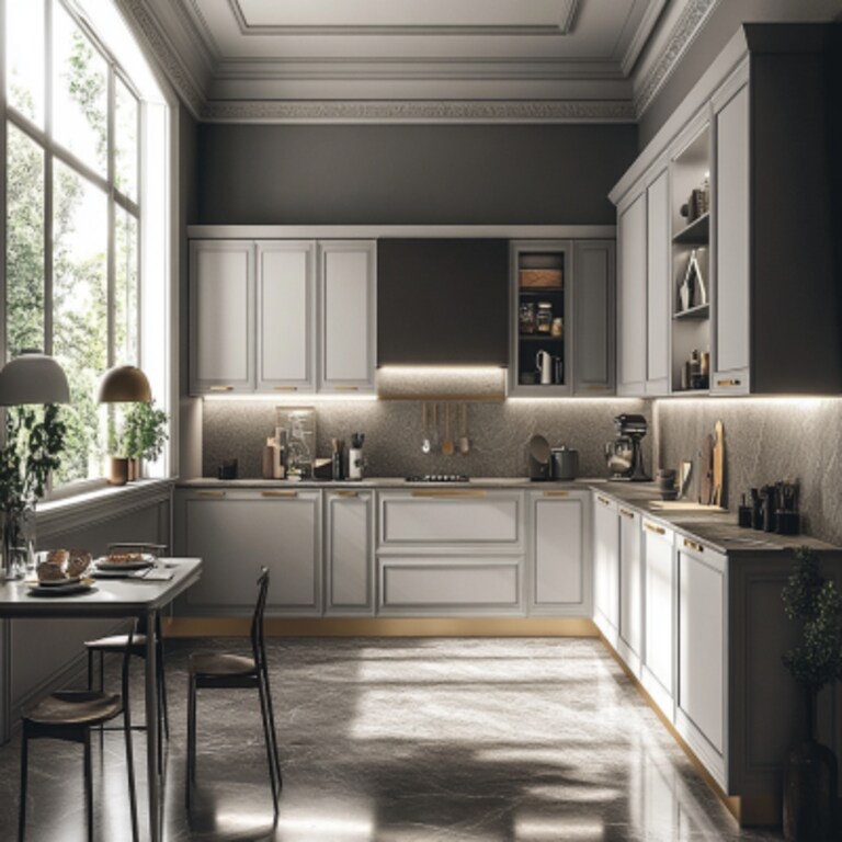 Modern Open Kitchen Design in Dove Grey Colour