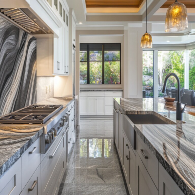 Grey Modern Parallel Kitchen Design with Granite Countertops