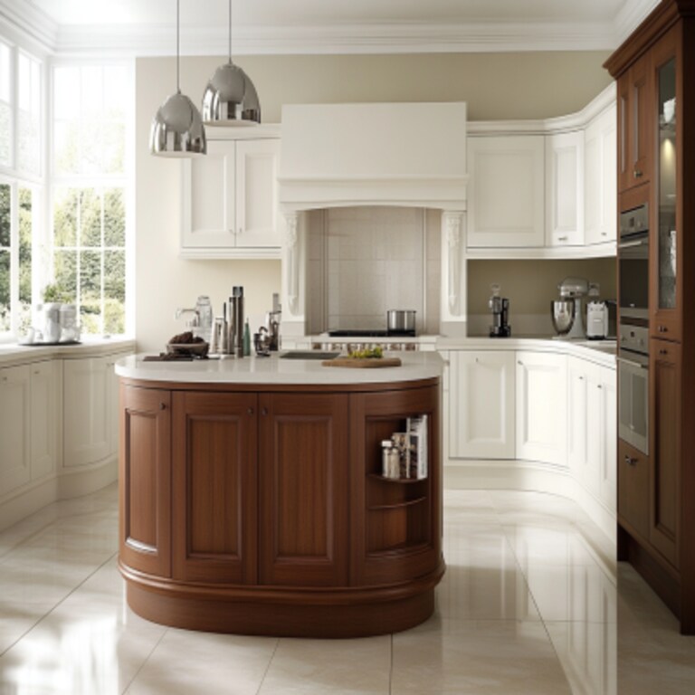 Modern Island Kitchen Design With Irish Cream and White Units