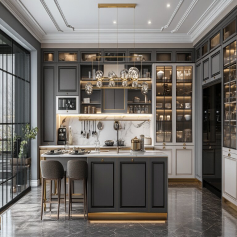 Modern Modular Champagne Toned And Grey Island Kitchen Cabinet Design