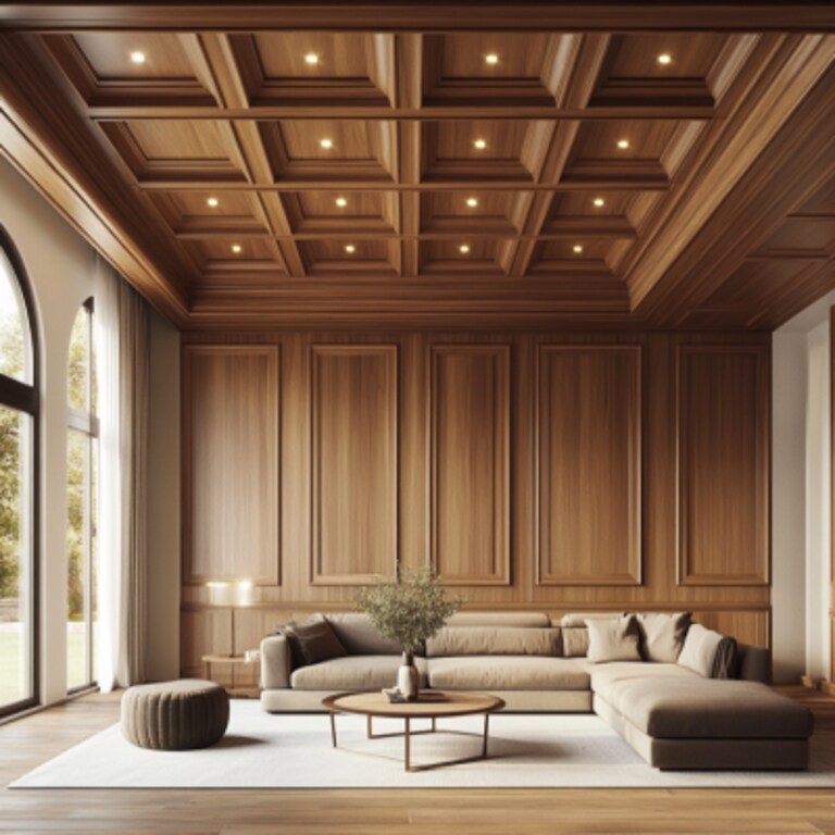 Classic Simple Ceiling Design With Wooden Panel And Beams