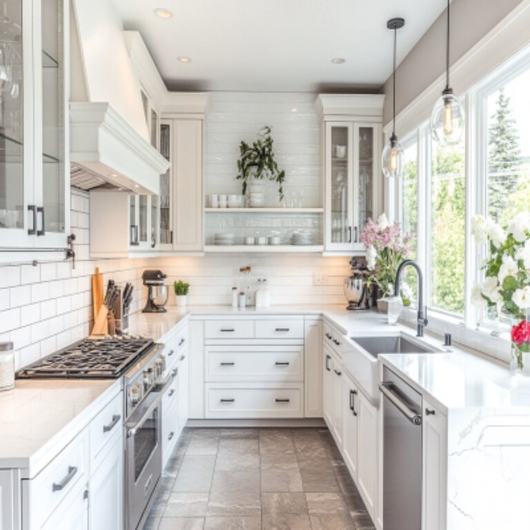 Modern U-Shaped Kitchen Design With Grey and White Tiles