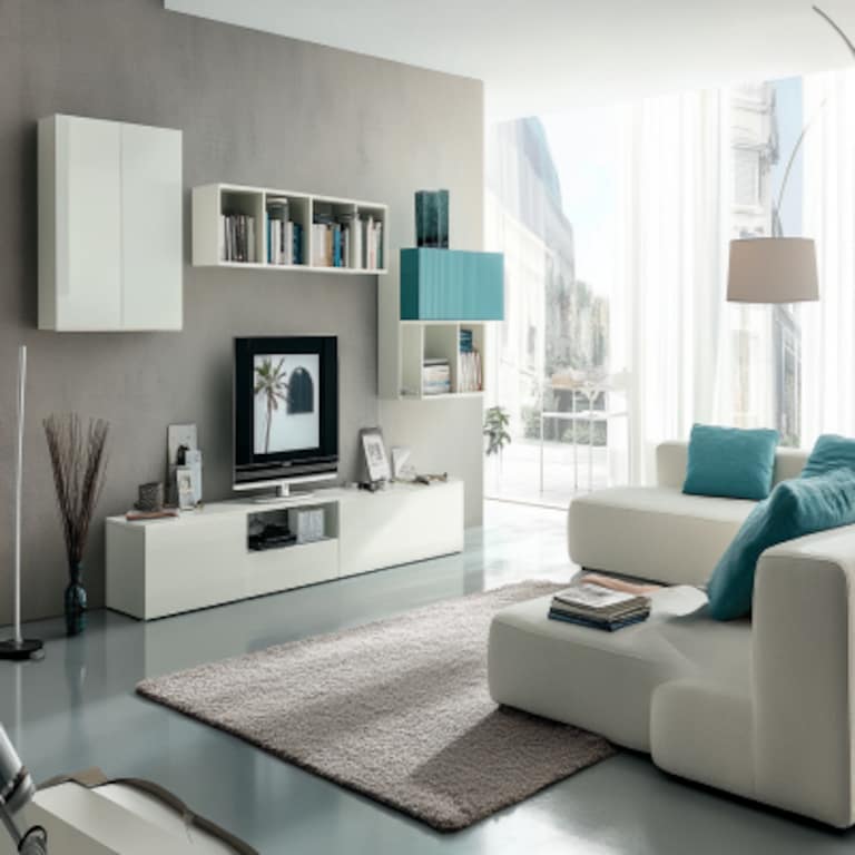 Modern Off-White And Turquoise Living Room Design With White Storage Unit