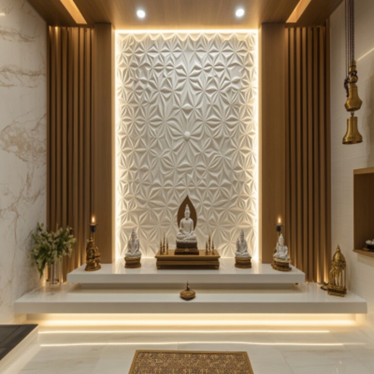 Modern Pooja Room With A Lotus-Pattern CNC Wall Design