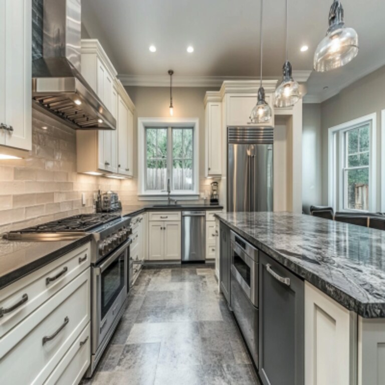 Contemporary L-Shaped Kitchen Design in Metallic Silver and White