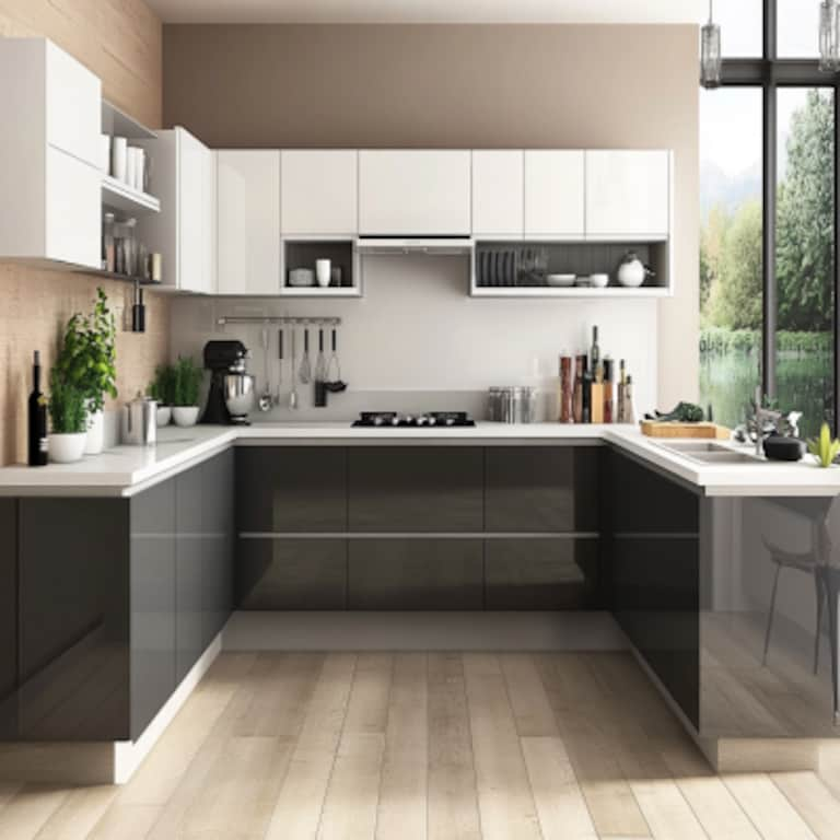 Modern Grey And White Glossy U Shaped Indian Kitchen Design With White Quartz Countertop