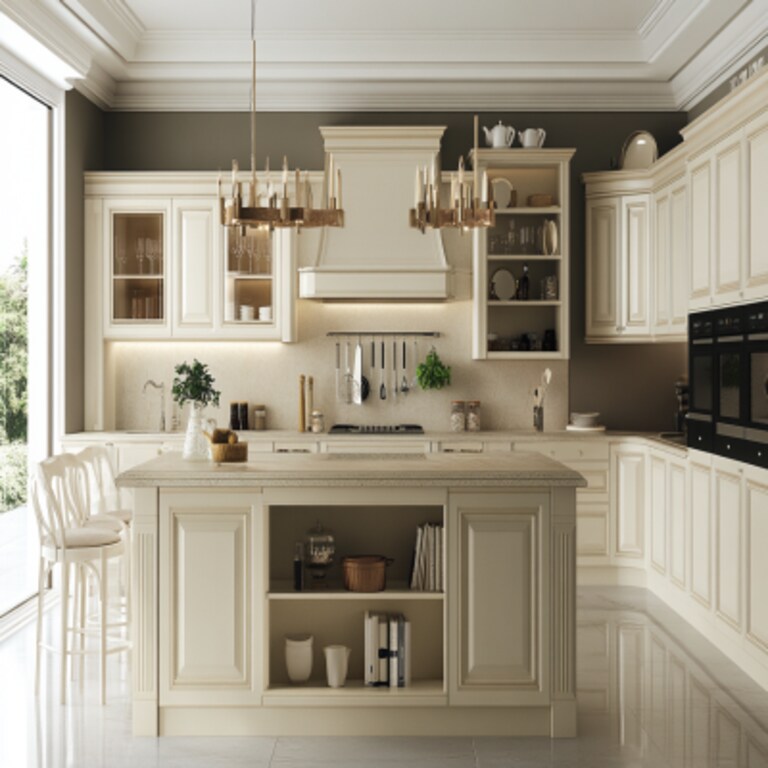 Contemporary Cream-Toned Regalia Kitchen Design With Kitchen Island