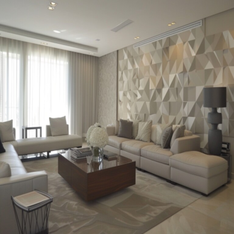 Contemporary Beige Living Room Design With White-Grey Geometric Patterned Wallpaper