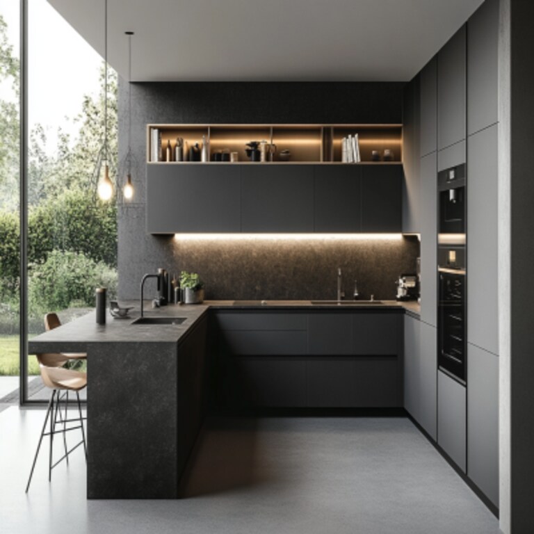 Modern Grey And Black Modular Indian Kitchen Design With An L-Shape Layout