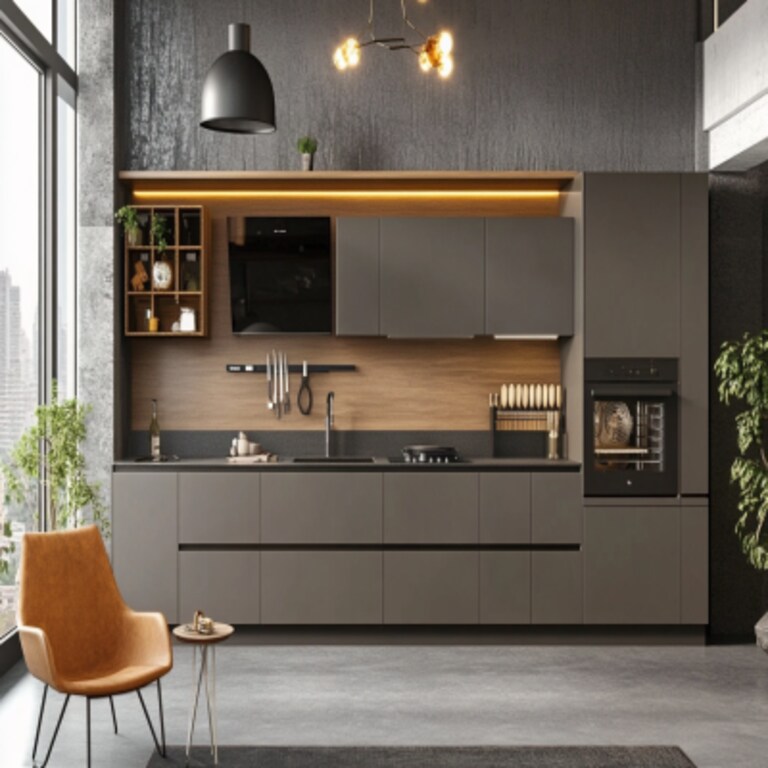 Modern Straight Kitchen Design with Grey Cabinets