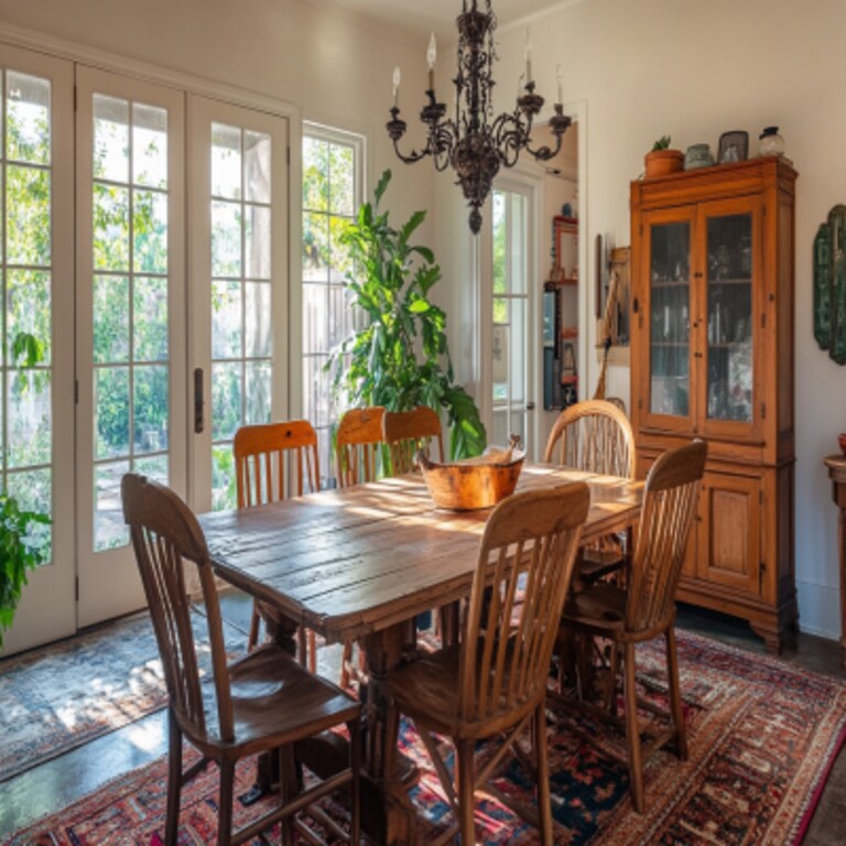 Boho 6-Seater Wooden Dining Room Design With Chandelier