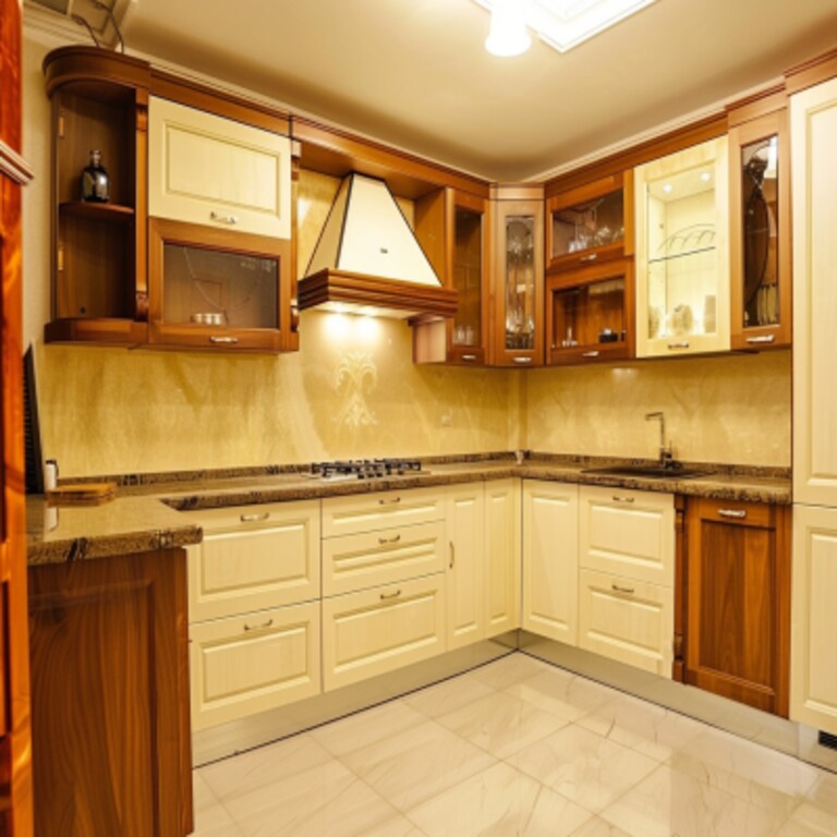 Classic Modular L Shape Wood And Champagne Modular Kitchen Design