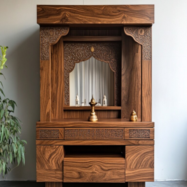 Modern Pooja Mandir Design With Two Drawers And A Countertop