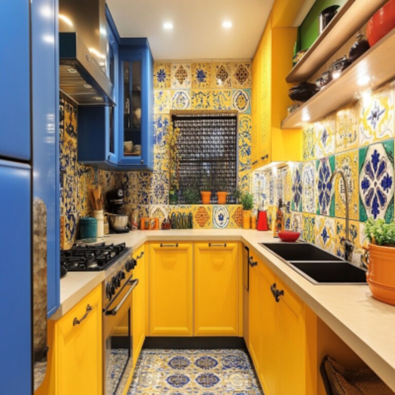 Classic Multicoloured Moroccan Kitchen Tile Design With Yellow Kitchen Cabinets