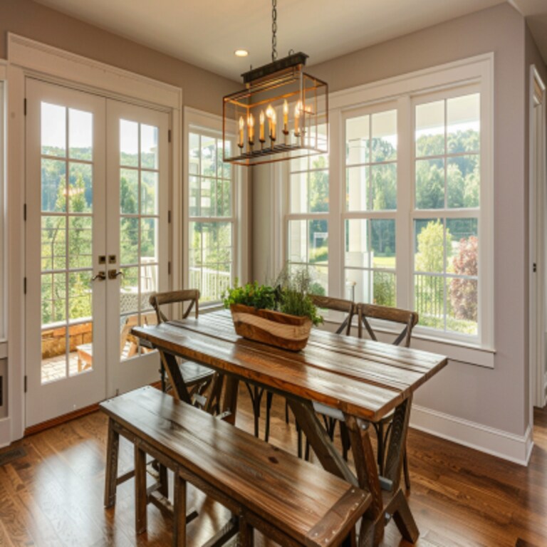 Traditional 6-seater Wooden Dining Room Design With Long Bench