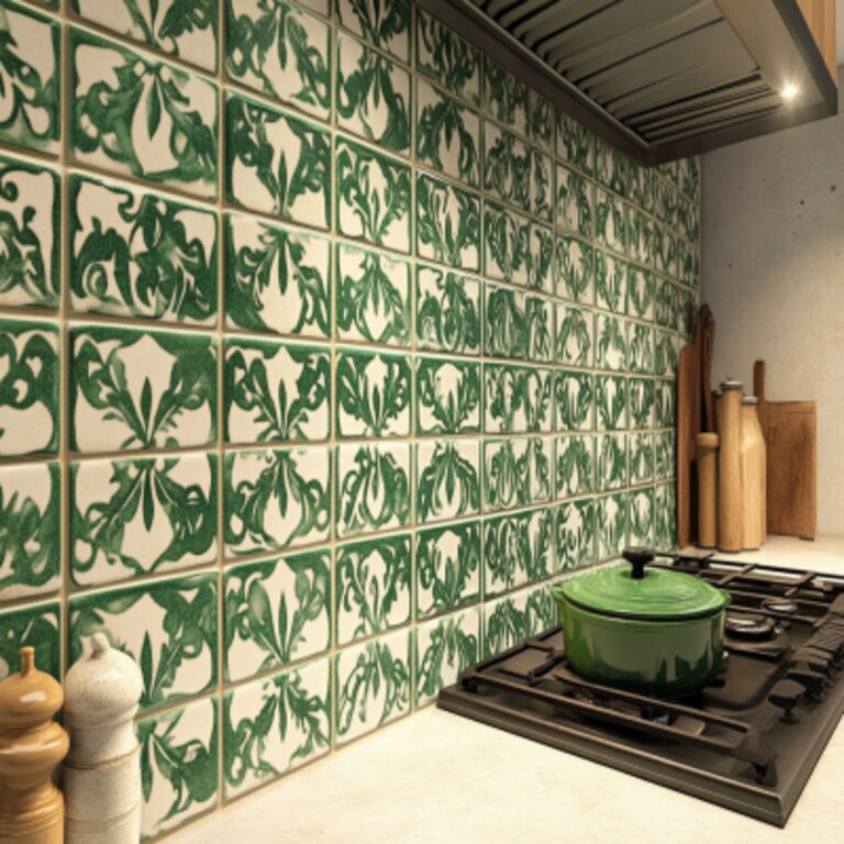 Contemporary Ceramic Green And White Moroccan Star Kitchen Tile Design