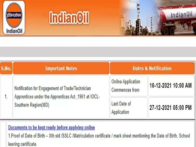 IOCL Southern Region Apprentice Recruitment 2021