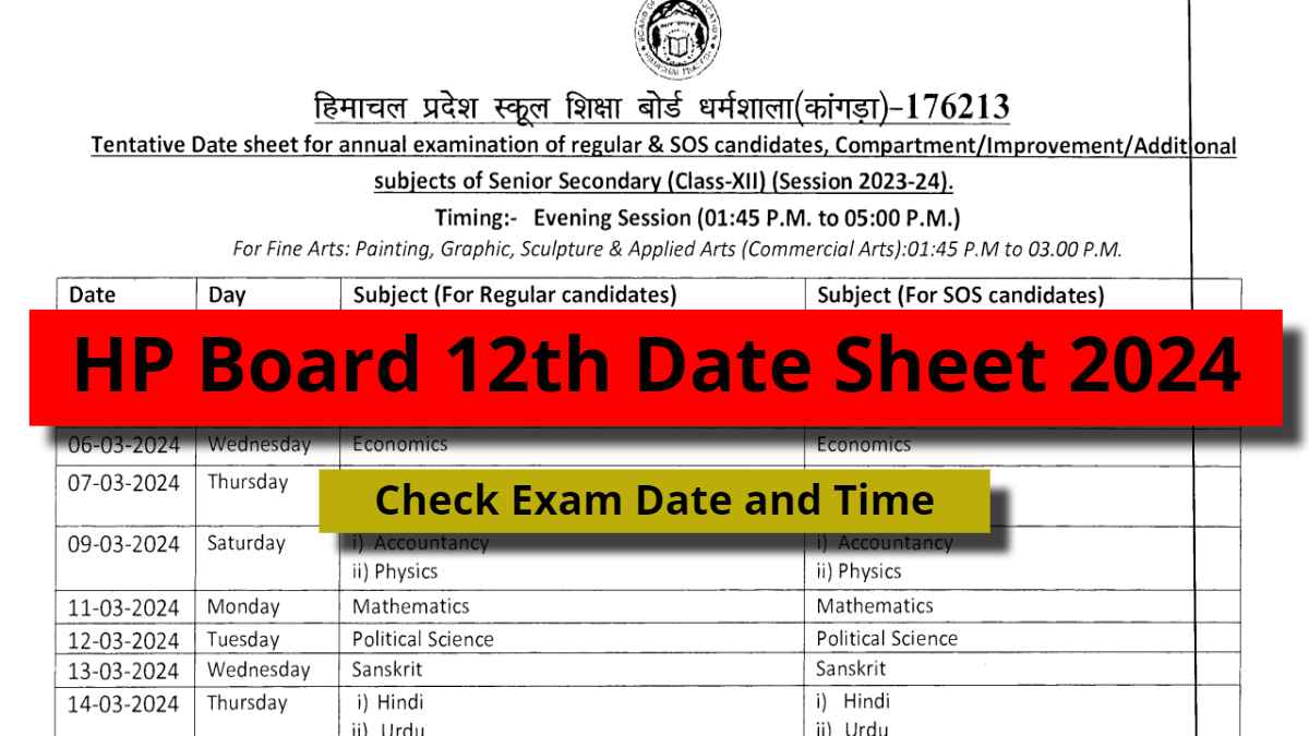 HPBOSE 12th Date Sheet 2024: Download HP Board Class 12 Time Table PDF and Check Exam Time