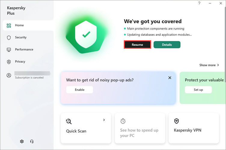 The Resume button in the main window of a Kaspersky application
