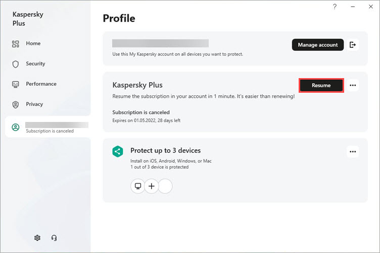 The Resume button in the Profile window of a Kaspersky application