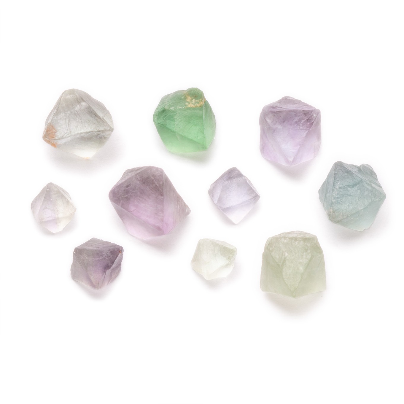 Pastel Rainbow Fluorite Octahedron Crystals, Pack of 10 Crystals ((Undrilled)