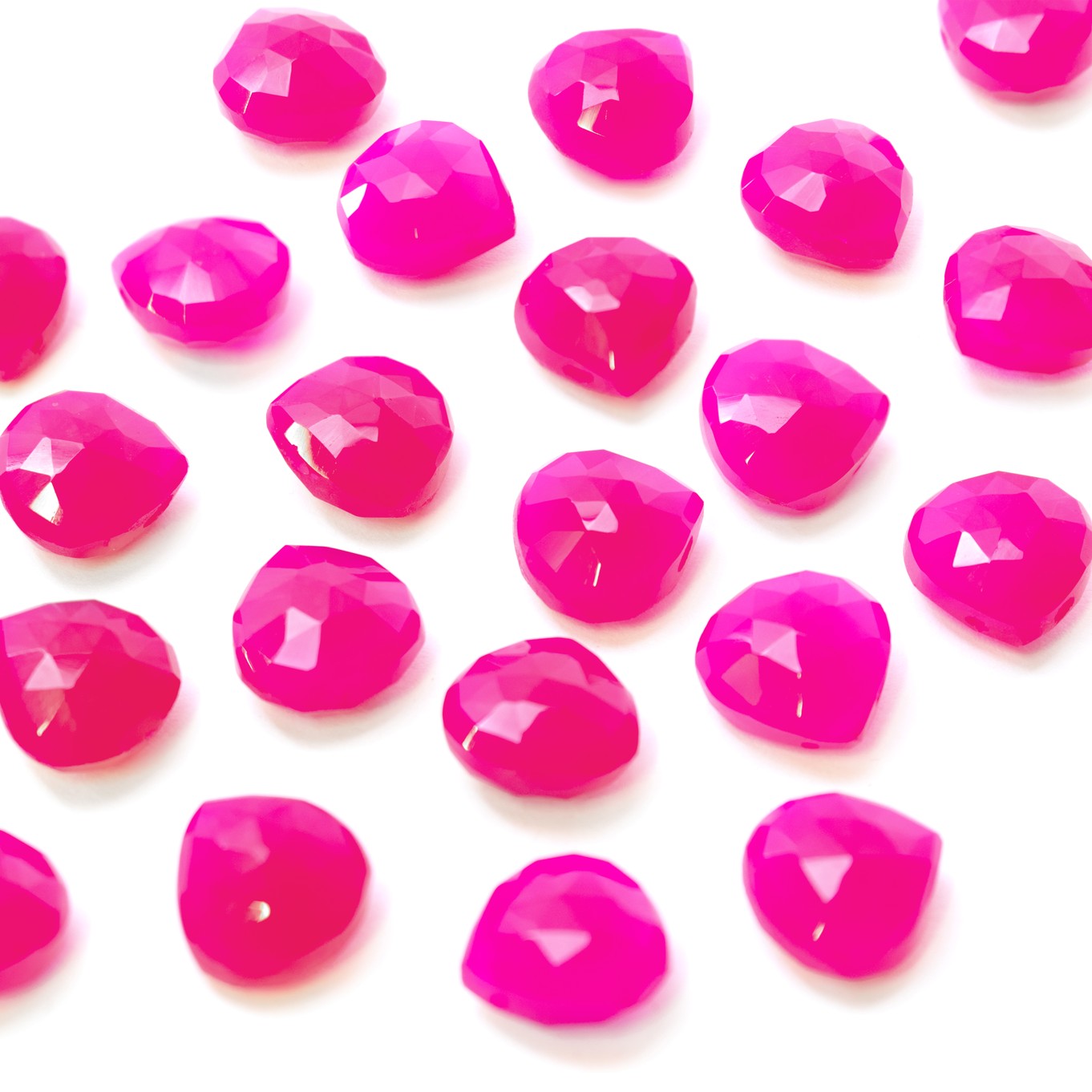 Fuchsia Pink Chalcedony Faceted Heart Shaped Briolette Beads - Approx From 10mm