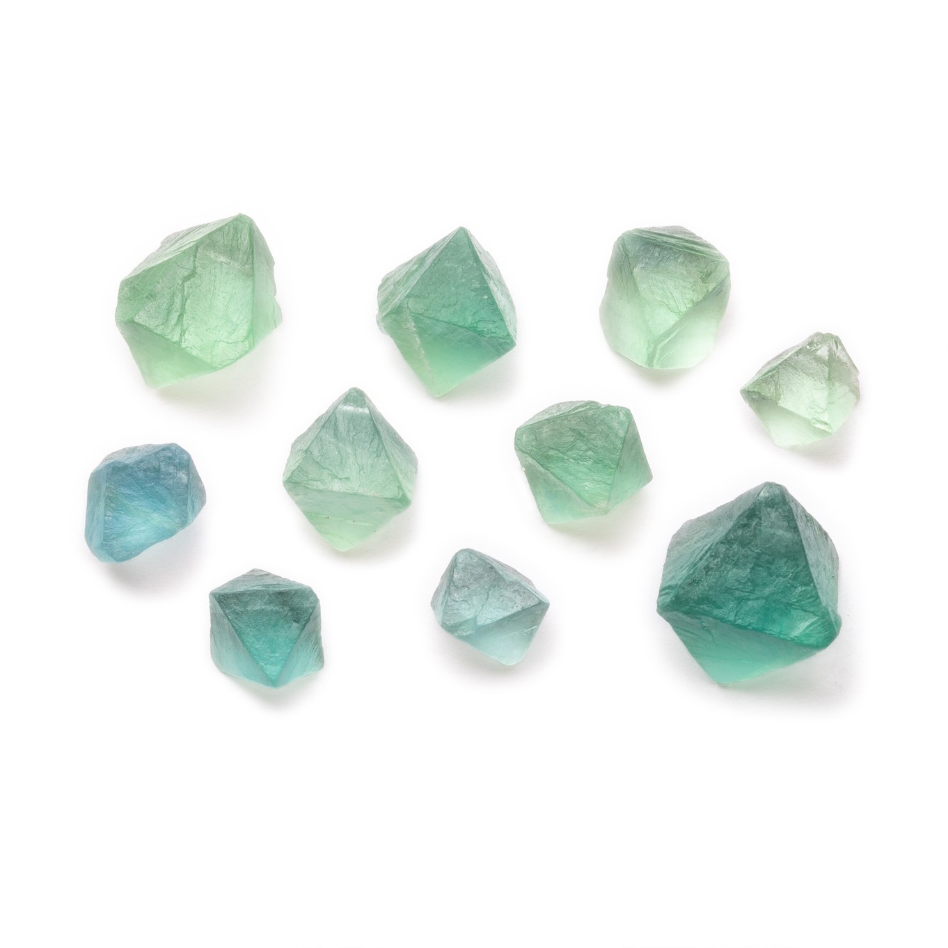 Green Fluorite Octahedron Crystals, Pack of 10 Crystals (Undrilled)