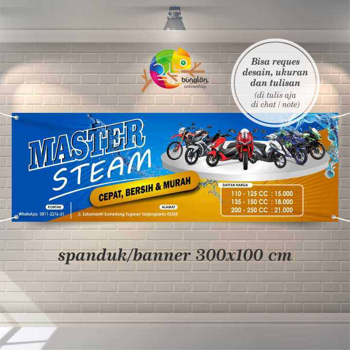 Size 300x100 Cm, Spanduk Banner Steam Motor, Cuci Motor Keren