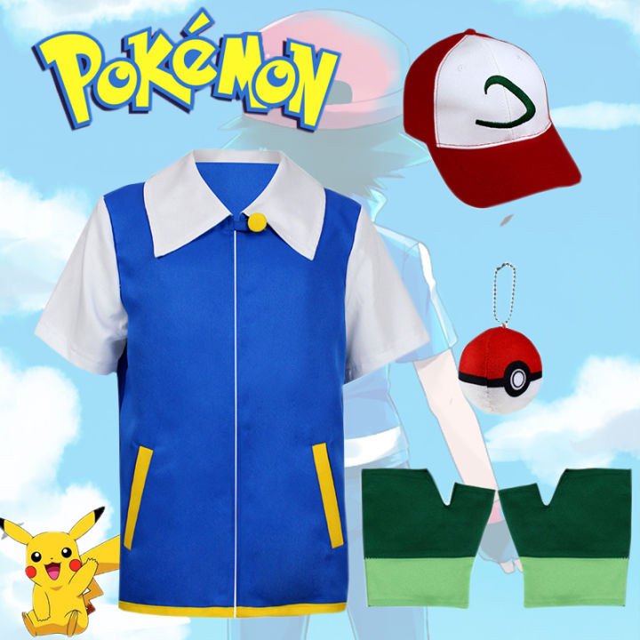 Anime Pokémon Cosplay Costume For Kids Ash Ketchum Blue Short Sleeve Jacket Coat Hat Gloves Poke Ball